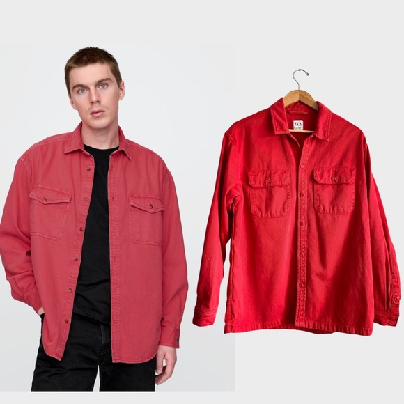 Zara Men's Red Casual Button Down Denim Shirt Shacket Cowboy Cottage Western M - Picture 1 of 7